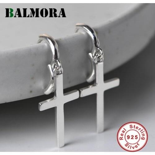 BALMORA Pure 100% 925 Sterling Silver Cross Earrings For Women Girl Smooth Silver Dangler Eardrop Daily Vintage Jewelry Gift
