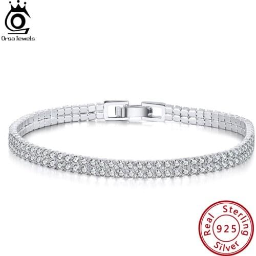ORSA JEWELS Women Sparkling 925 Sterling Silver 2 Rows Clear 4mm Cubic Zirconia Tennis Bracelet Fine Jewelry Party Gifts SB118