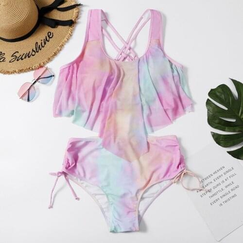 2021 New Fashion Lady Gradient Fairy Fan Lotus Leaf High Waist Split Swimsuit Swimsuit Bikini Set
