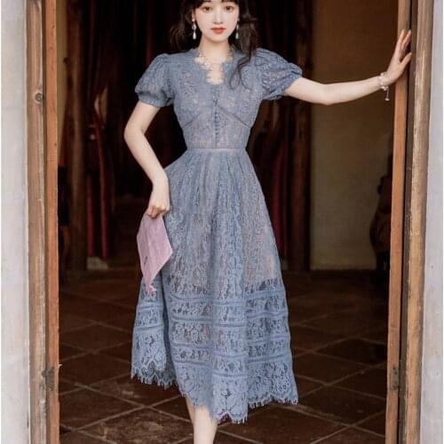 2021 summer Fashion Korea Temperament Elegant women V-Neck Puff Sleeve Lace Hollow Out Dresses Vestidos