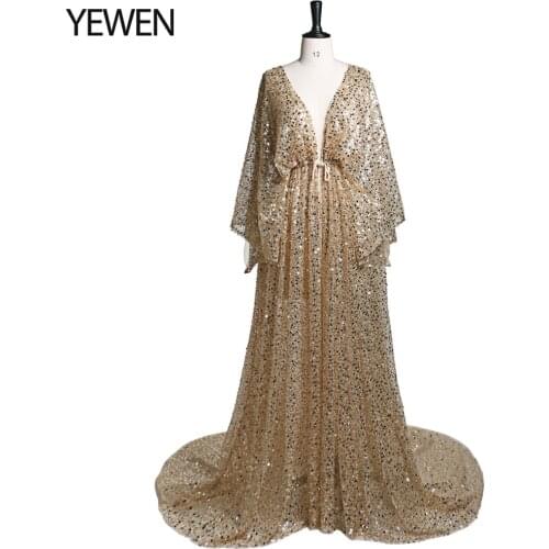 Gold Sequin with Pearls Evening Dress Long Front Slit Formal Party Dress Fancy Photography Prop Maternity Photo Shoot Gown YEWEN