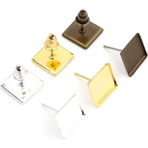 10mm 30pcs/Lot Silver Plated And Bronze Square Earring Studs,Earrings Blank,Fit 10mm Square Glass Cabochons,earring setting