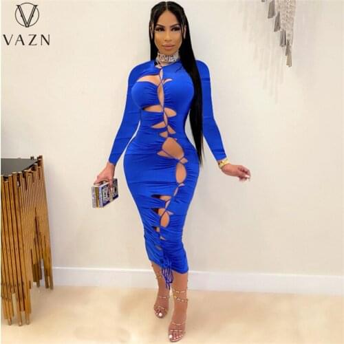 VAZN 2021 INS Autumn Fashion Long Maxi Dress Solid Sexy Night Club Hollow out Open Full Sleeve Energy Vestidos For Female