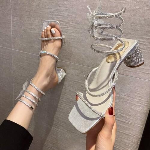 2021 Summer New Sexy Luxury Snake Pattern Winding Thick Heel Rhinestone Bow Sandals High Heels Banquet Womens Shoes