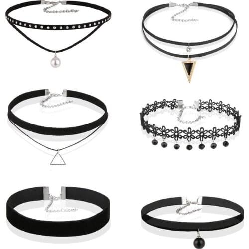 6 Pieces Choker Necklaces Set Gothic Tattoo Black Lace Leather Velvet Neck Jewellery Women Collar Femme Charms Necklace