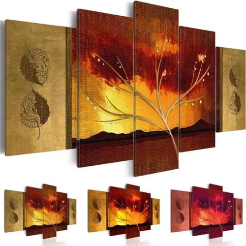 Abstract Canvas Art Painting 5 Pieces Golden Canvas Print Fire Red Pearl Tree Leaves Poster Picture Living Room Home Decor