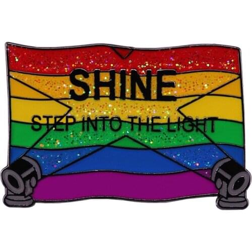 Glitter Shine Step Into The Light Rainbow Homosexual Flag Metal Enamel Lapel Clothes Coats Bag Badge Brooch Pin Accessories