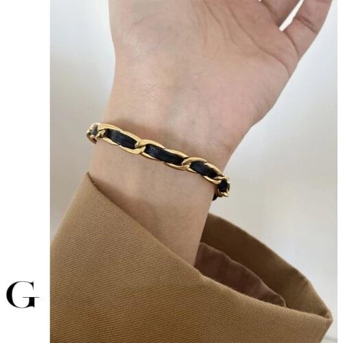 GHIDBK Hot Sale Unique Design Stainless Steel Leather Chain Bangles Awesome Statement Bracelets Demo Women Street Style Jewelry