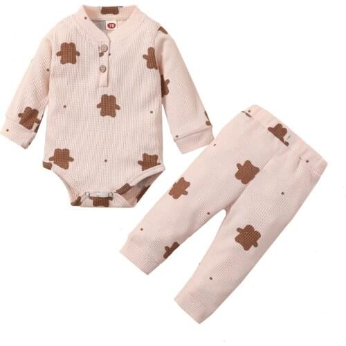 2021 0-24M Infant Boy Girl Clothing Set Cute Bears Button Long Sleeve Romper+Pants Casual Toddler Spring Fall Outfits 2pcs