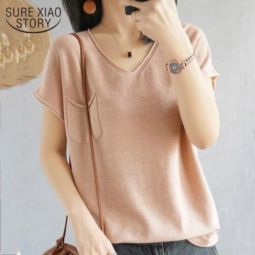 Summer 2021 Casual Short Sleeve T Shirt Women V Neck Loose Solid Knitted T-Shirts Female Thin Plus Size Tees Shirt Blusas 14648
