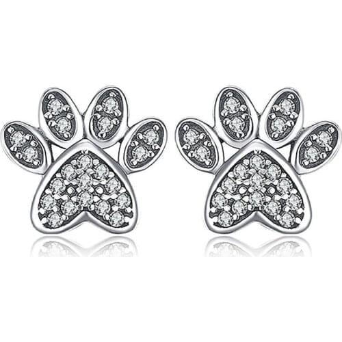Cute Female White Crystal Stone Jewelry Charm Silver Color Wedding Earrings Dainty Cat Paw Small Stud Earrings For Women