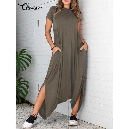 Celmia Casual Loose Rompers Fashion Party Short sleeve Irregular Jumpsuit Women Summer O Neck Long Palazzo Retro Solid Playsuits