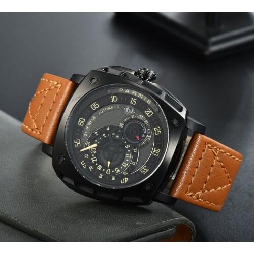 47.5mm Parnis Sapphire Mens Automatic Watch Japan Miyota 8219 Black Face Leather Band Date Black PVD Square Watch New Arrival