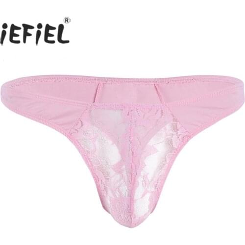 IEFiEL Mens Lingerie Low Rise See-through Lace Floral Bulge Pouch Sexy Gay Mens G-string Underwear Underpant Wetlook Panties