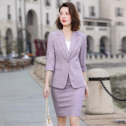 Plus Size 5XL Half Sleeve Elegant Purple Formal Women Business Suits with Skirt and Jackets Coat Ladies Office Work Wear Blazers