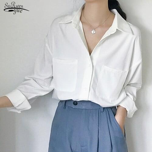Turn-down Collar Pockets Button Long Sleeve Shirt Spring Autumn OL Style White Blouse Women Tops Loose Ladies Tops Blusas 6068