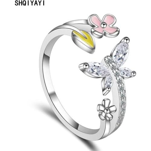 SHQIYAYI Flower Finger Rings Cubic Zirconia Opening Resizable Fashion Jewelry Ring Korea Trendy Gifts Female Ladies 255