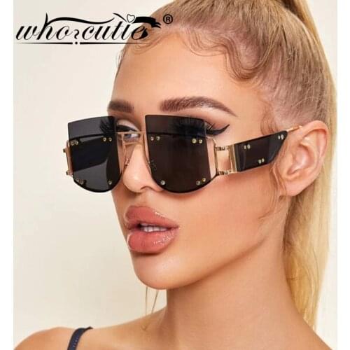 WHO CUTIE 2021 Oversized Rimless Sunglasses Women Luxury Brand Design Square Retro Wide Rivet Frame Sun Glasses Vintage Men S133