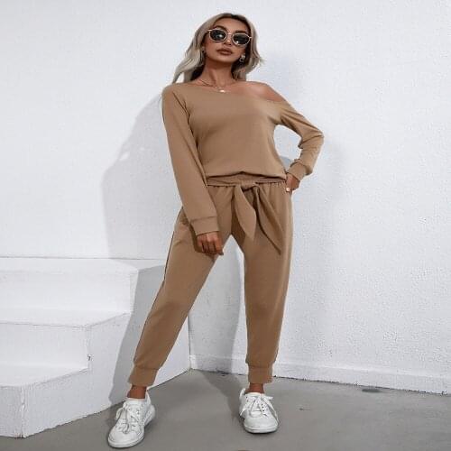 Tracksuit Women Outfits Bandage Pockets Oblique Shoulder Long Sleeve Top+Elastic Waist Slim Pencil Pants 2 Piece Sets Pant Suits