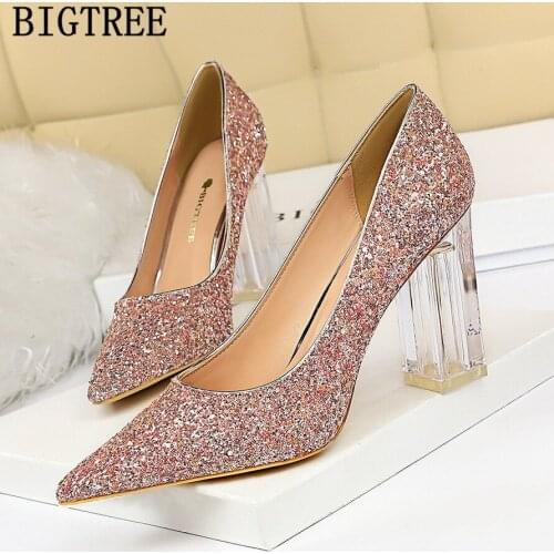 Bigtree Luxury Brand Shoes Women 2021 Bling Black High Heels Wedding Shoes For Women Bride Heels Women Pumps Clear Heels Tacones