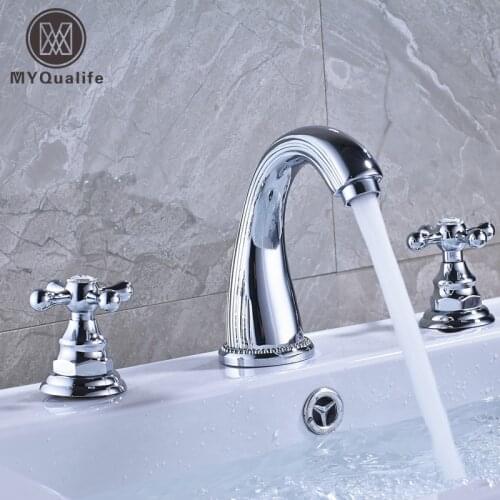 Bright Chrome Dual Handle Bathroom Mixer Faucet Deck Mounted 3 Install Holes Hot and Cold Water Lavatory Sink Taps