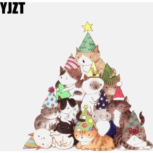 YJZT 13.1CM*13.5CM Creative Cat Christmas Tree Decal PVC Car Sticker 11-00968