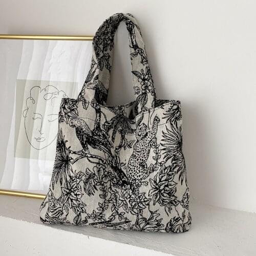 Fashion New Women Forest Jacquard Canvas Shoulder Shopping Bag Casual Ladies Summer Beach Vacation Large Capacity Tote Handbags