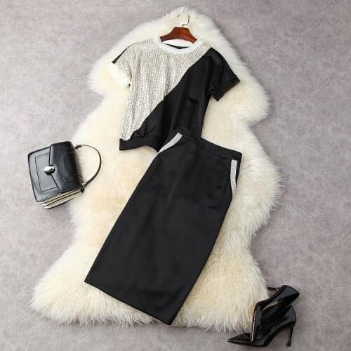 European and American womens wear for summer 2021 Short-sleeved patchwork sequin T-shirt Black skirt Fashion suits