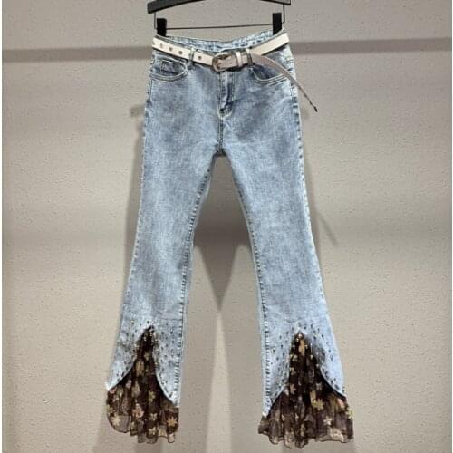 Flare Jeans Womens 2020 New Spring Autumn Slim-Fit Bell-Bottoms Beaded Floral Print Cropped Pants Jean Pants Girls Ladies Jeans
