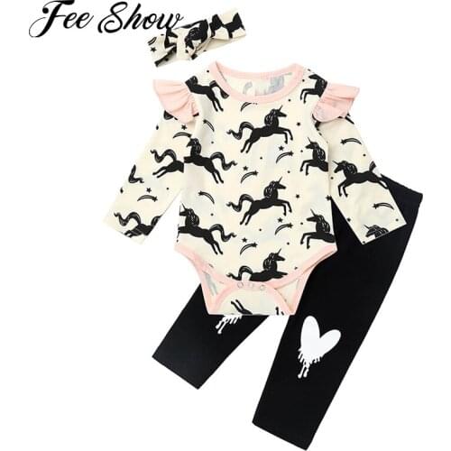 3Pcs Infant Baby Girls Outfit Clothes Cotton Long Sleeve Cartoon Print Button at Crotch Romper Pants Trousers Set with Headband
