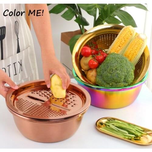 3Pcs/Set Multifunctional Vegetable Slicer Grater With Container Stainless Steel Drain Pot Strainer Basket Kitchen Accessories