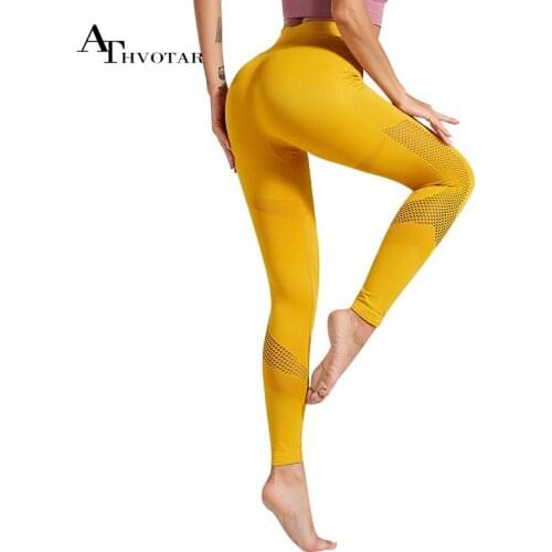 ATHVOTAR Yellow Workout Tights Fashion Hollow Out Pink Leggings Black Casual Fitness Pants Yoga Jogging Sport Wear
