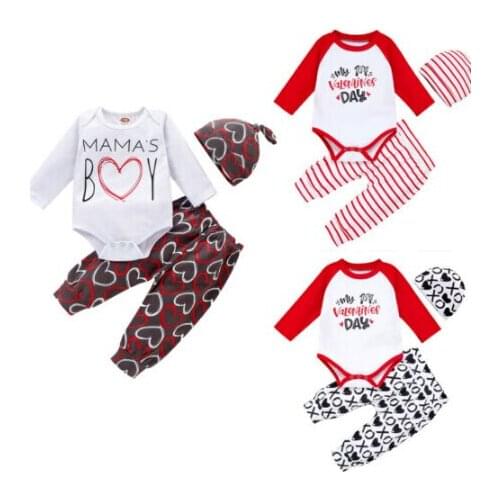 0-24M Infant Baby Girls Boys My 1st Valentines Day Long Sleeve Bodysuit Trousers Hat 3pcs Cotton Clothes