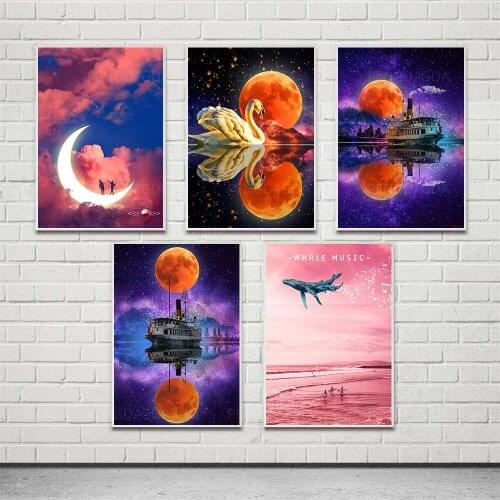 HD Print Color Landscape Canvas Painting Wall Art Planet Swan Dolphin Lighthouse Poster Modern Home Decor Modular Pictures Frame