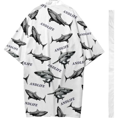 Oversize 6XL Shark Printed Japanese Street Samurai Harajuku Long Style Kimono Cardigan Women Men Cosplay Yukata Tops