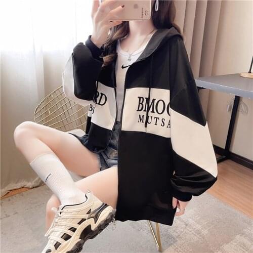 Korean Style Loose Spring and Autumn Stitching Color-block Zipper Jacket Women Streatwear Hoodies Sweatshirt