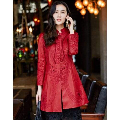 Fashion 2020 New Real Womens Sheepskin Coat Female Red Jackets Embroidery Genuine Leather Jacket Jaqueta Couro WXF269