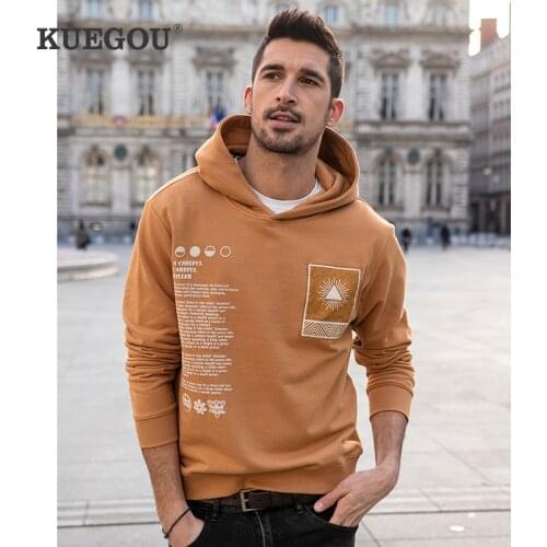 KUEGOU Winter Hoodies Men 100% Cotton Sweatshirts Letter Geometric Print Fashion Hip Hop Streetwear High Quality Clothing 26088