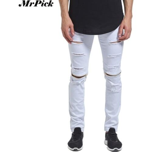 2017 Men Knee Zipper Distressed Jeans Skinny Stretch Fashion Ripped Designer Pencil White Men Jeans Y2236