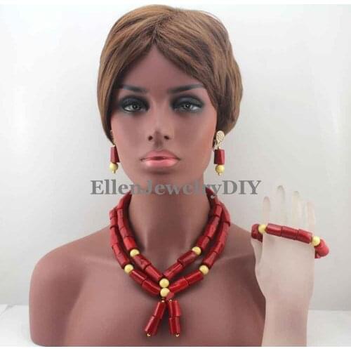 New Red Nigerian wedding African Coral beads Jewelry Sets Coral Beaded Bridal Necklace Set African Beads Jewelry Sets W13680