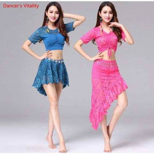 NEW Lace+Modal Belly Dance Set Women Short Sleeves Round Neck Top + Skirt 2pcs Set Belly Dance Women