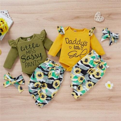 Autumn Spring Girls Clothes Set Kid Letter Print O-neck Romper Sunflower Trousers Pants Baby Clothing