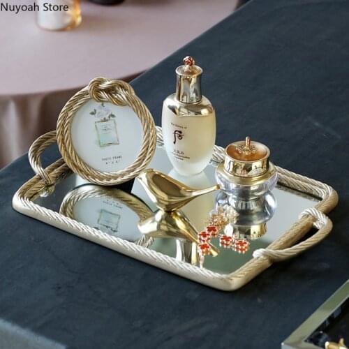 Nordic Light Luxury Golden Hemp Rope Rectangular Mirror Tray Creative Resin Display Tray Decoration Cosmetic Storage Tray