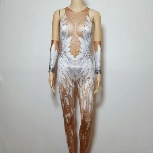Sexy Stretch White Feather Printed Bodysuit Wings Angel Rhitonstones Jumpsuit Nigthclub Singer Dance Outfit Stage Rompers