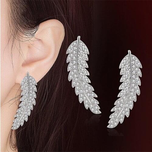 Korean Earrings 2021 Original Young Woman Gift 925 Sterling Silver Earring Ear Studs Feather Luxury Jewelry Full Zircons Stone
