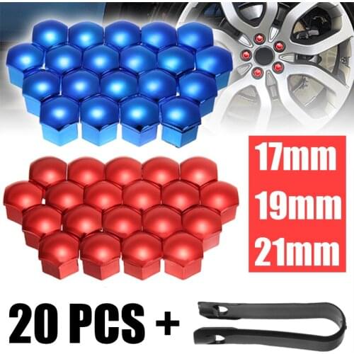 20pcs Blue Red 17/19/21mm Hexagon Wheel Nut Bolts Dustproof Cap with Removal Tool Universal for Car