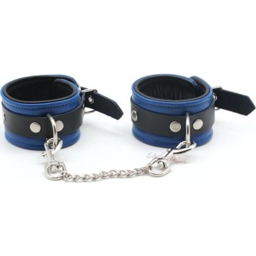 Smspade blue leather restraints wrist cuffs for adult sex, soft and durable adjustable bondage handcuffs with metal chain