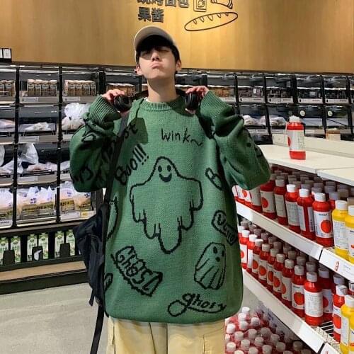 Round neck sweater mens loose pullover sweater trend all-match casual sweater vintage sweater harajuku sweater mens sweater