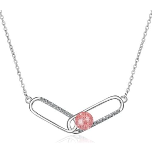 Trend personality temperament creative paper clip pink strawberry crystal short silver plated necklaces SE015