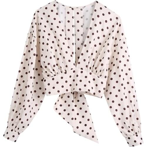TRAF Women 2021 Fashion With Bow Tied Polka Dot Crop Blouses Vintage Long Sleeve V Neck Female Shirts Streetwear